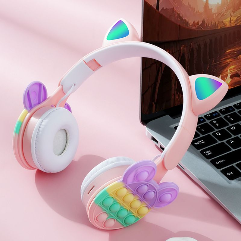 1 Set B30 Kopfhörer Bluetooth 5.0 Stereo Surround Reduction Starker Bass Niedliche Katzenohren mit Regenbogenblasen Kabellos_voghion.com