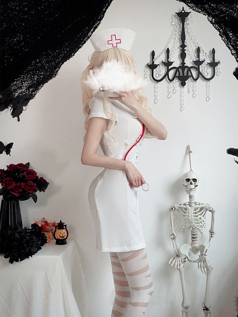 Sexy Krankenschwesterkostüm für Erwachsene – Halloween-Rollenspielkleid mit Hut und Strümpfen (Schwarz/Weiß, Übergröße M/L)_voghion.com