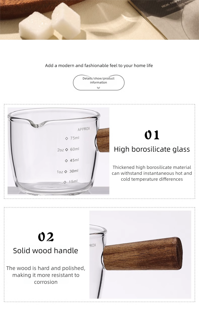 High Temperature Resistant Glass With Wooden Handle Jug Milk Dipping Dish Measuring Cup Concentrated Mini Coffee Utensil_voghion.com