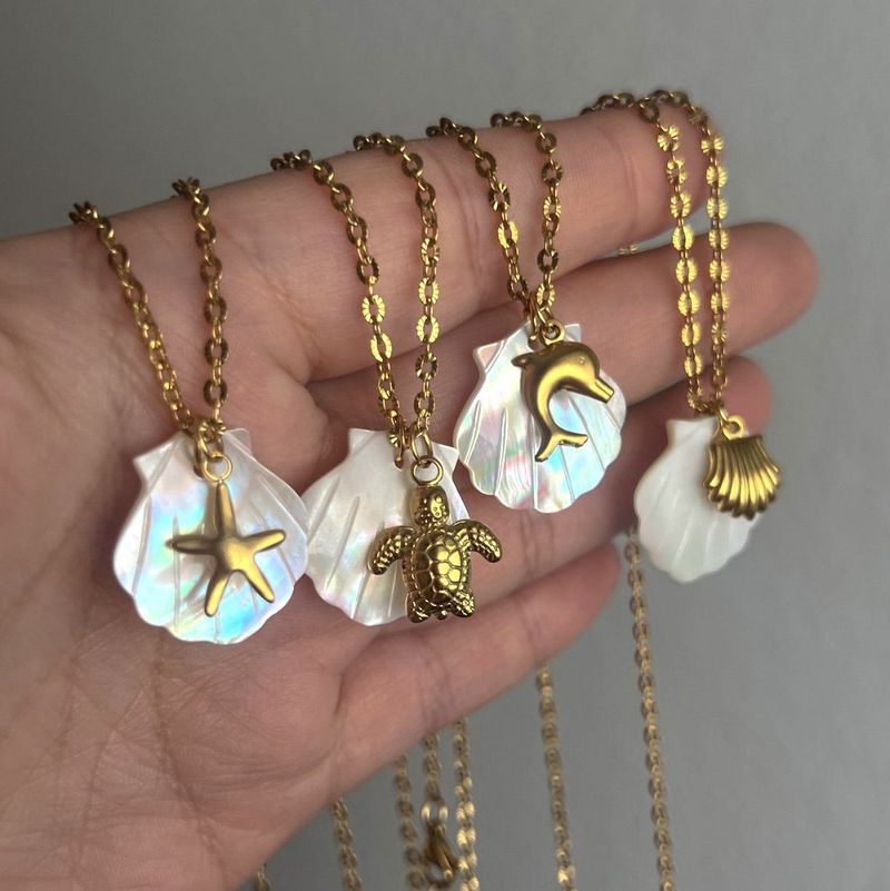 Collana in acciaio con ciondolo a forma di stella marina da spiaggia, ad alta ritenzione del colore, stile conchiglia, fai da te, placcata_voghion.com