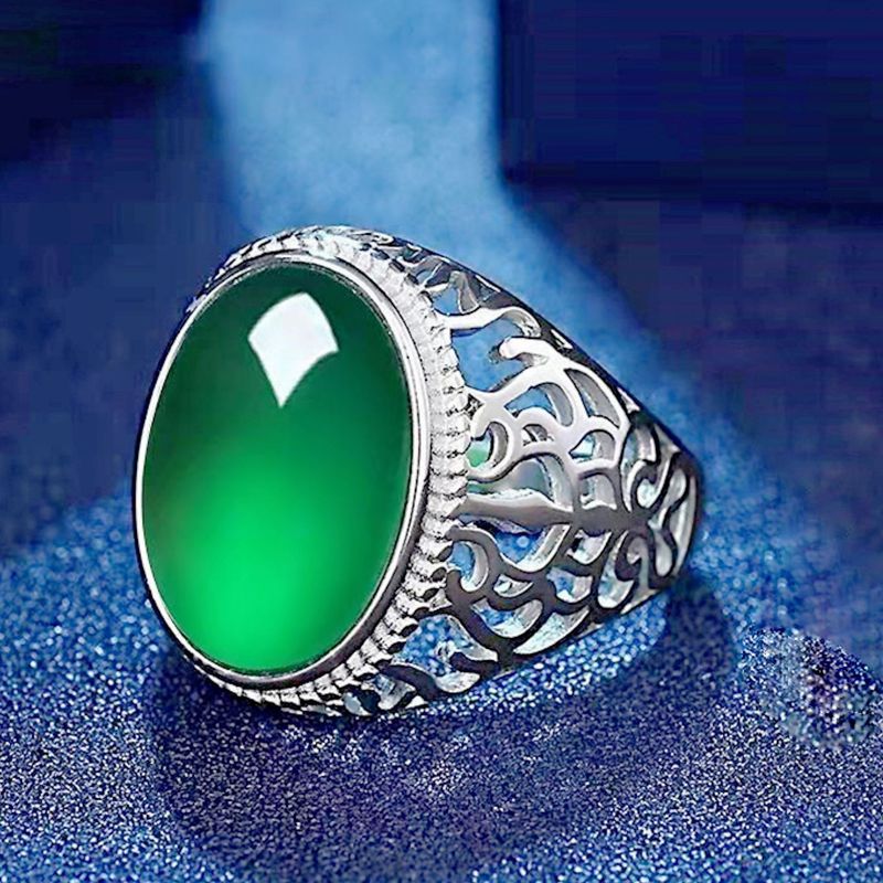 New Elegant And Bold Jade Temperamental Green Agate Adjustable Ring, Chalcedony Hollow Ring_voghion.com