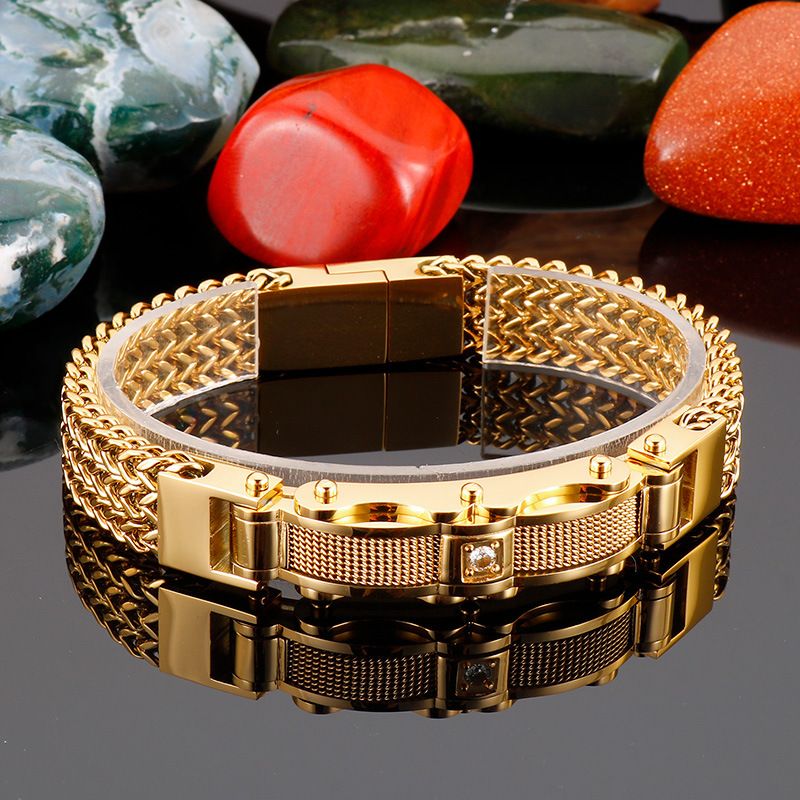 Bracciale da uomo in acciaio inossidabile con diamanti - Design geometrico alla moda per abbigliamento casual e formale - Misure regolabili da 19 cm a 23 cm_voghion.com