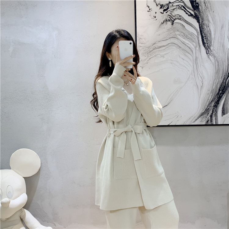 Pantaloni a gamba larga da donna cappotto cardigan lavorato a maglia abito a due pezzi da donna autunno sciolto_voghion.com