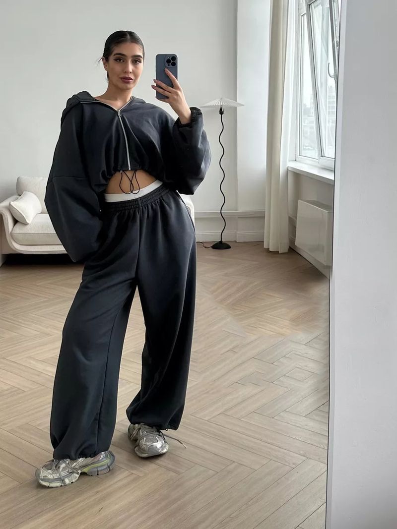 Women's Casual Suit Solid Color Long Sleeved Zipper Cardigan Drawstring Hooded Sweatshirt Sports Elastic Pants Two-piece_voghion.com
