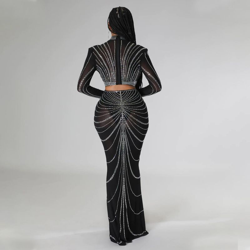 Abbigliamento da donna vestito con gonna a due pezzi sexy in maglia a maniche lunghe con diamanti caldi_voghion.com