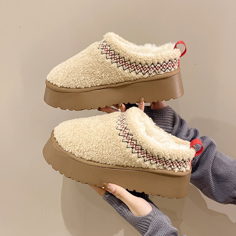 2025 Winter Fleece-gevoerde warme comfortabele dikke zool sneeuwkatoenen ronde neus instappers voor dames antislip_voghion.com