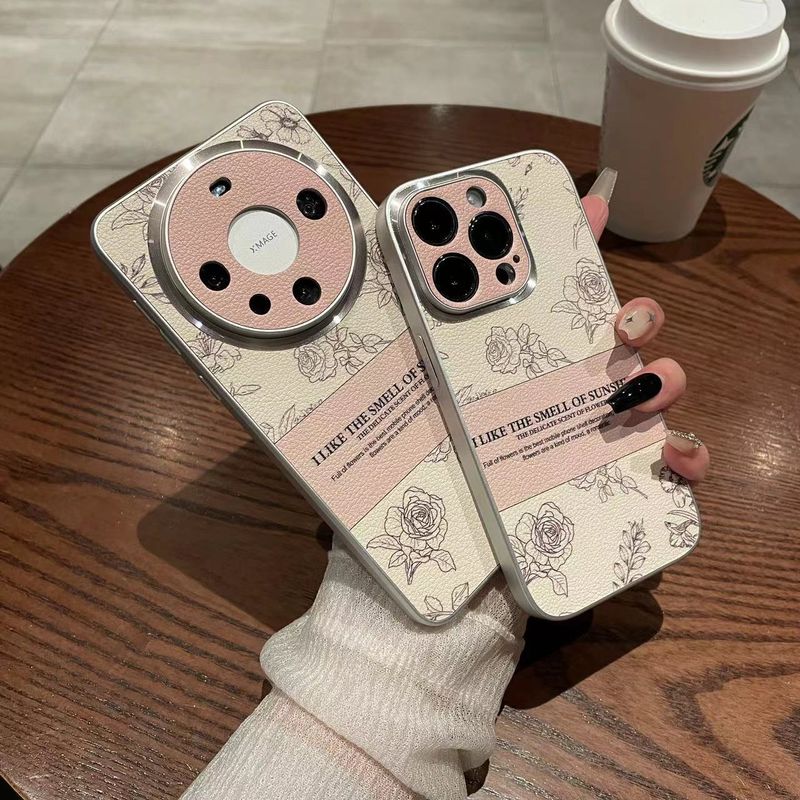 TechGlobe Compatible With 17 Pro Max Leather Texture Phone Case Sketch Rose Flower Pura 70 Pro+ Niche Embossed Protective_voghion.com