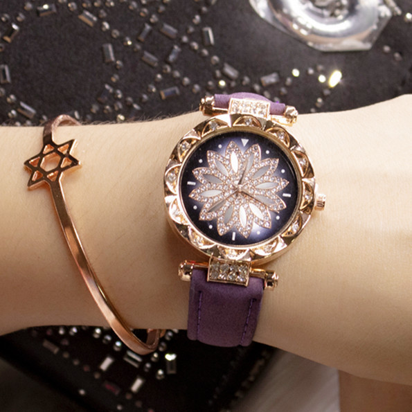 Montre avec incrustation de diamants, bonne fortune pour les loisirs, bracelet en cuir givré, montre à quartz pour femmes_voghion.com
