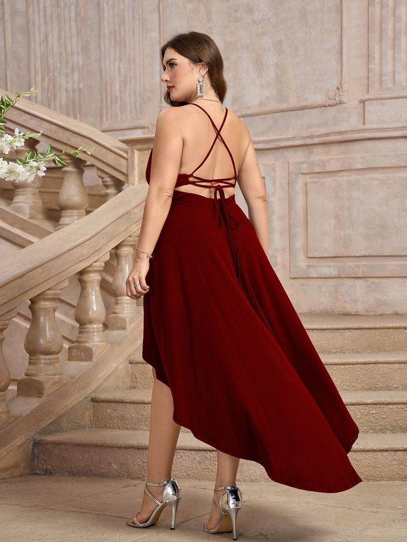 Plus Size V-Neck Backless Dress For Women - Elegant A-Line Formal Evening Dress With Sash Detail - Stretchy Polyester Spandex Blend - Black_voghion.com