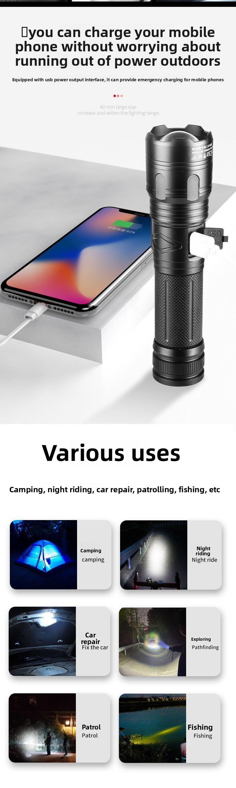 Neue Outdoor-Patrouillen-Taschenlampe mit Typ-C-Ladeanschluss, Zoom, weißem Laser, Multifunktions-Notfall-Taschenlampe mit starkem Licht_voghion.com