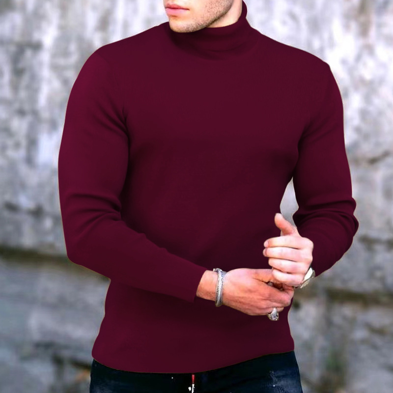 Camisa de punto con cuello alto y manga larga para hombre, color liso, para primavera, otoño e invierno, con parte inferior elástica._voghion.com