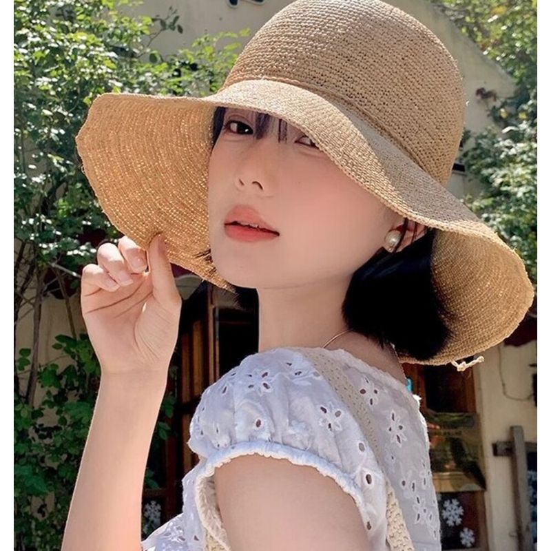 Cappello da pescatore in paglia, da donna, estivo, a tesa larga, con protezione solare, per le vacanze al mare, fatto a mano e finemente intrecciato_voghion.com