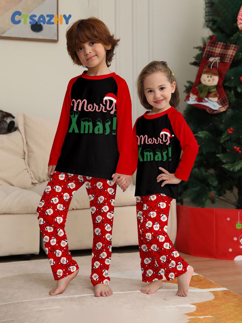 Parent Child Home Clothes Christmas Hat Letter Print Long Sleeve Santa Claus Cartoon Print Trousers Pajamas Set_voghion.com