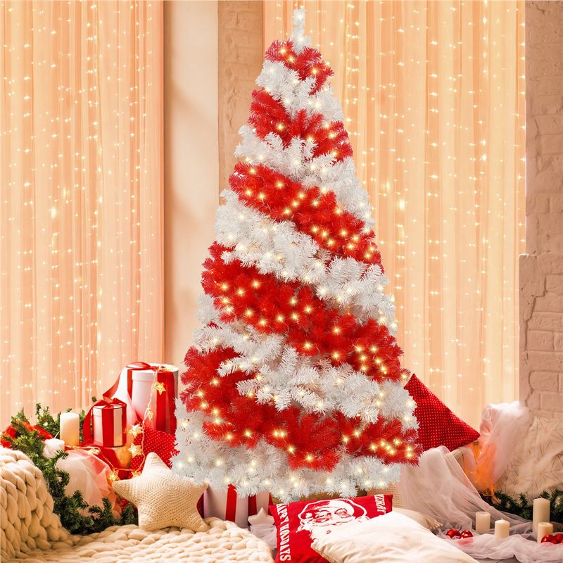 6ft Artificial Christmas Tree with 300 LED Lights and 900 Bendable Branches, Candy Cane Holiday Decoration, Pre-Lit Xmas Tree for Christmas Decorations_voghion.com