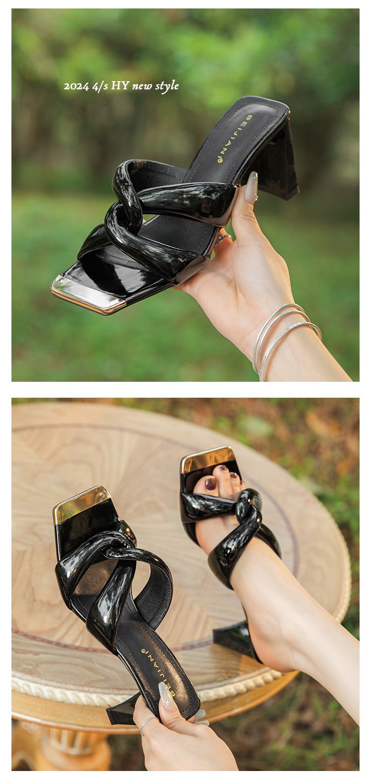Zapatillas de verano para mujer con tacón alto, plisado, de punta abierta y cuadrada francesa, tacones altos plateados secos, chanclas_voghion.com