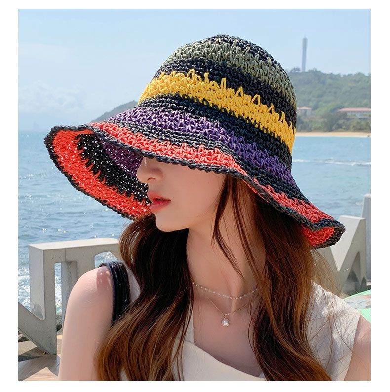 Sraw da donna pieghevole bohemien spiaggia arcobaleno colorato pescatore He Sun, che mostra un piccolo viso coprente, alla moda Po_voghion.com
