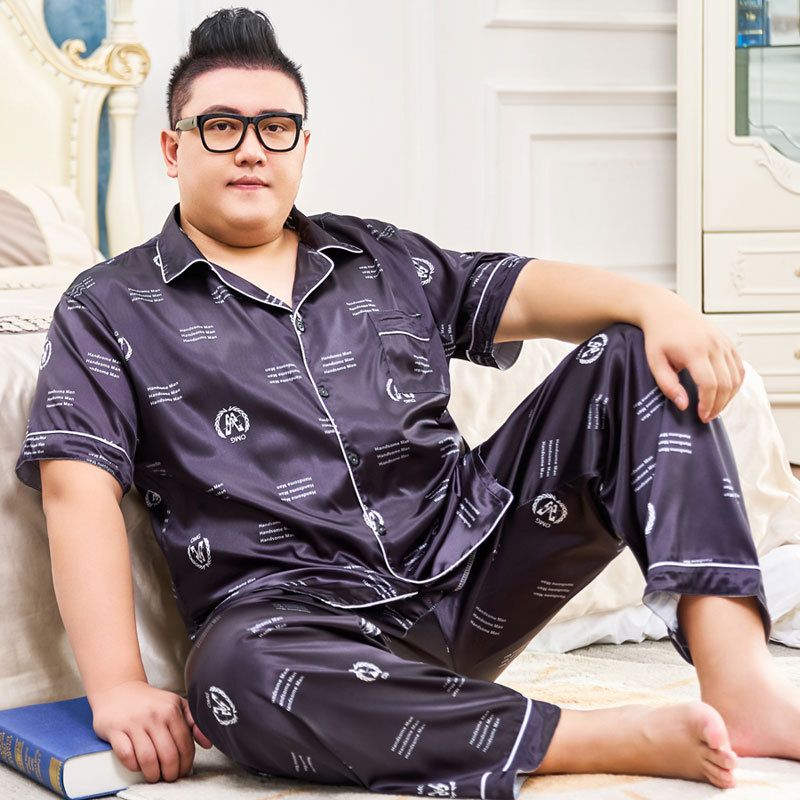 Fat guy plus fat extra large size 300 ice pajamas women's summer short sleeved pants 330 pounds silk home suit_voghion.com