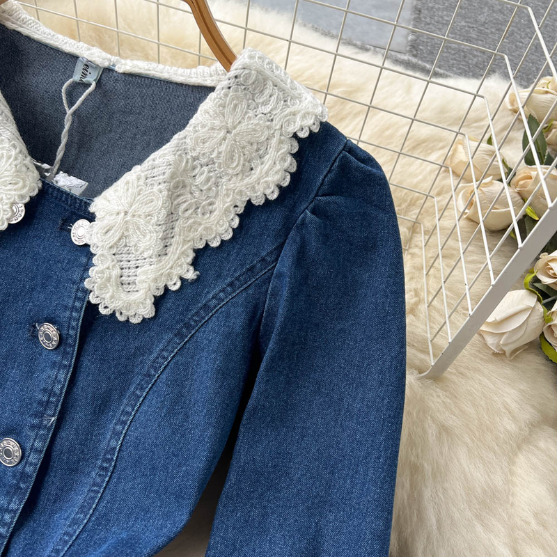 Women's Lace Doll Collar Denim Jacket + Medium-length Hip Skirt Two-piece Suit_voghion.com