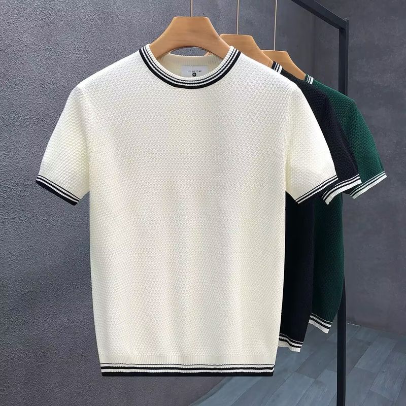 Colorblock gestreepte trui met korte mouwen voor heren, zomerse ijszijde, Britse business slim fit binnenshirt_voghion.com