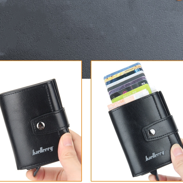 Új RFID blokkoló védelemmel ellátott férfi pénztárca, hitelkártya-tartó, bőr, fém, alumínium, üzleti bankkártya-tartó pénztárca_voghion.com