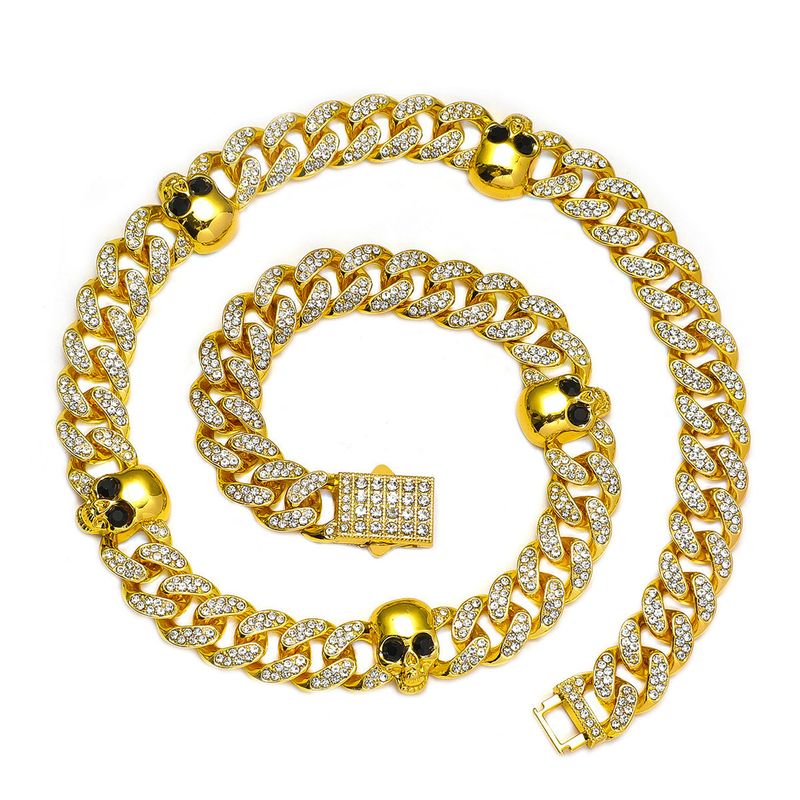 Men's Personality Cuban Chain Trendy Full Diamond Hip Hop Skull Necklace Jewelry_voghion.com