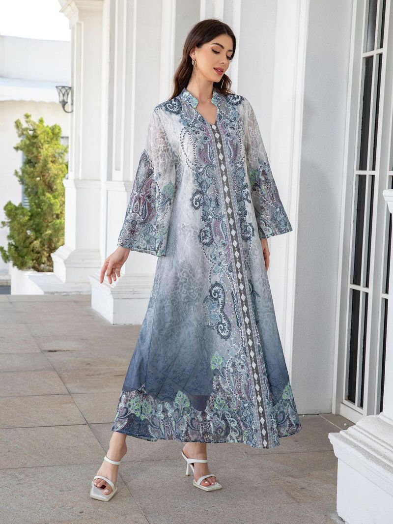 Elegantes besticktes Abaya-Kleid mit Blumendruck und Kristallverzierungen – schlichtes muslimisches Maxikleid mit langen Ärmeln für Damen (Blau, S-XXL)_voghion.com