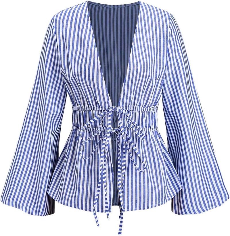 Women's Clothing Striped Front Tie Up Trumpet Sleeve Deep V Neck Elegant Ruffle Top_voghion.com
