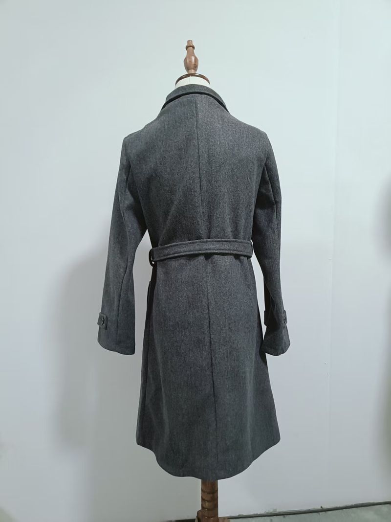 Slim-Fit Wool Blend Pea Coat For Women – Elegant Short Trench Coat With Belted Waist Coat Solid Color Women's Coat_voghion.com