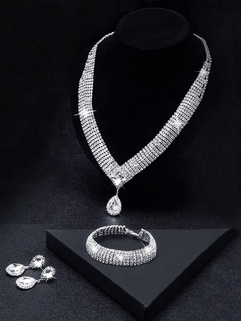 Light Luxury Style Women's Water Drop Pendant Zircon Necklace Earrings Bracelet Bridal Wedding Accessories_voghion.com