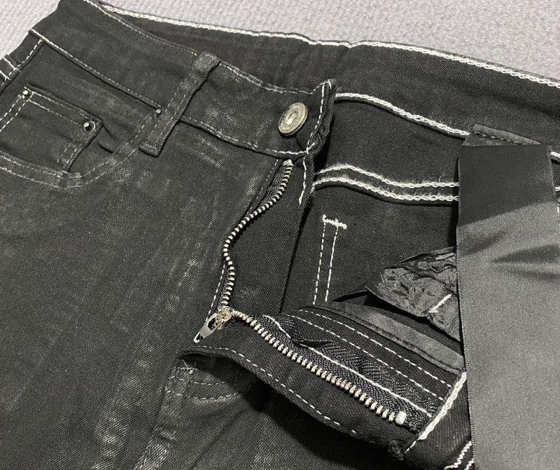 Männerkleeder Héich Handgemaachte Waxed Hosen Ausgeklappt Breet Been Elastesche Band High Street Jeans_voghion.com
