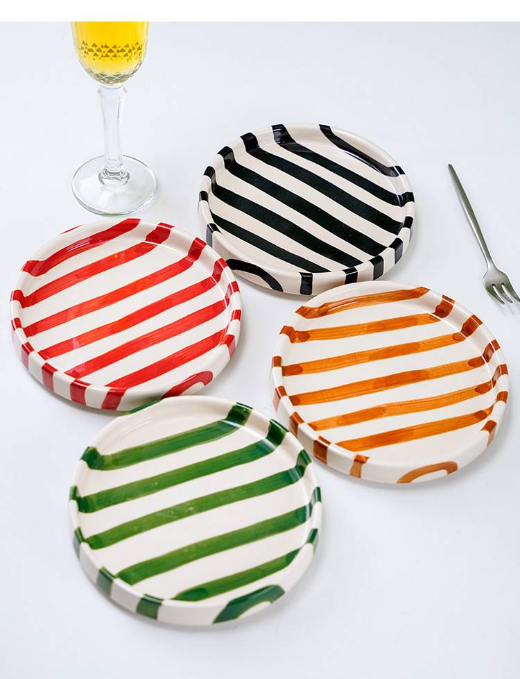 Hand-Painted Ceramic Plate - 9 Inch Korean Style Striped Dessert Plate With Raised Edge For Food Presentation (Set Of 4)_voghion.com