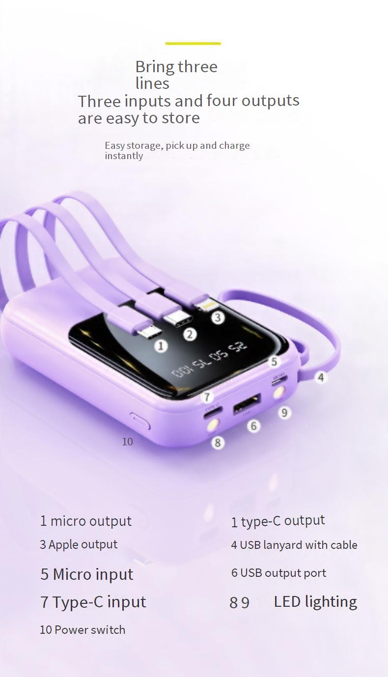 Carregador portátil super rápido pequeno com cabo integrado, 20.000 mAh, energia móvel, presente_voghion.com