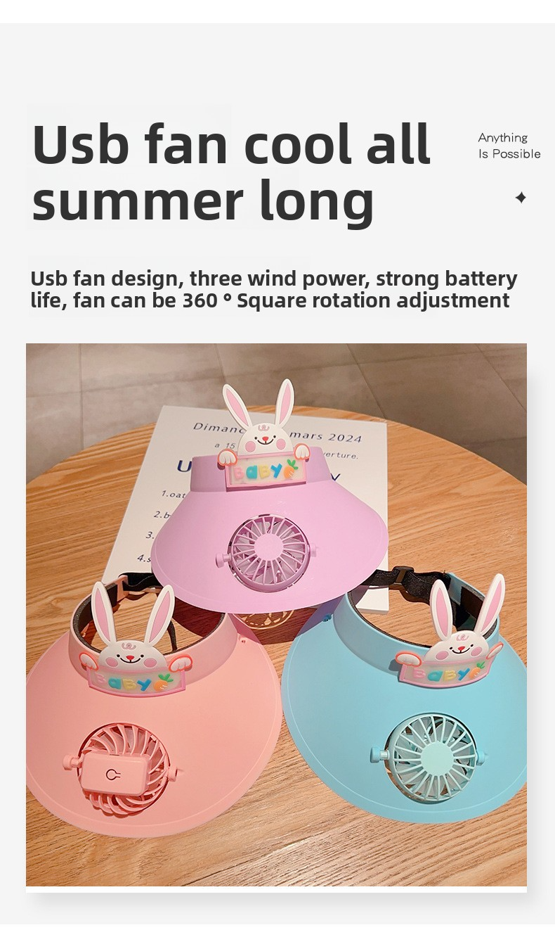 Kinder snoepkleurige verkoelende hoed met USB-oplaadbare ventilator - UPF50+ zonbescherming voor buiten_voghion.com