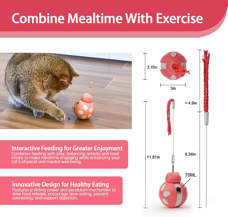 Healthy Slow Feeder,Unknockable Cat Bowl With Teaser Wand & Rolling Base,Slide-Back Feeding After Dispense,Birthday Gift For Indoor Cats_voghion.com
