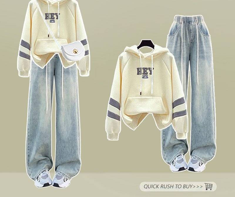 "Damen-Set aus lockerem Oberteil in Farbblockoptik und Jeans mit Retro-Gummibund – stylisches zweiteiliges Outfit mit Kordelzug-Detail"_voghion.com