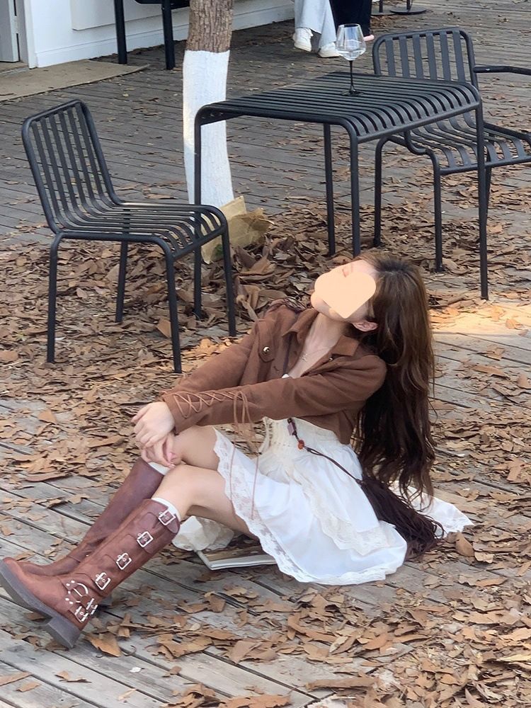 Vintage Autumn Winter Melad Design Lace-up Short Jacket Waist-cinching Irregular Dress Set_voghion.com