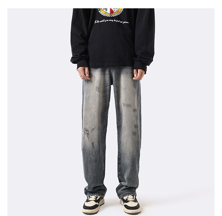 Amerikaanse Vintage Straight Loose Washed Denim Jeans Voor Heren, Herfst En Winter Ins Trendy High Street Broeken, Casual Wijde_voghion.com