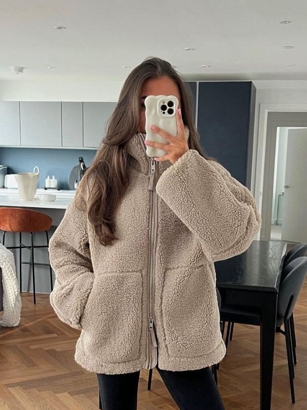 Cappotto in pelliccia sintetica con collo alto da donna – Giacca oversize in tweed con finiture in pelliccia (beige/kaki/marrone/leopardo, S/M/L/XL)_voghion.com