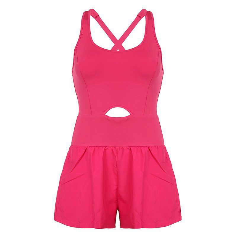 Tweedelige Illusion U-hals afslankende modieuze tanktop met aansluitende shorts, effen kleur, open rug, uitgeholde strakke romper voor dames_voghion.com