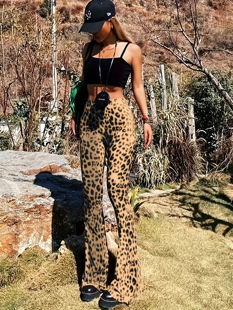 Pantalones acampanados con estampado de leopardo para mujer, cintura alta, adelgazantes, versátiles, leggings elásticos ajustados._voghion.com