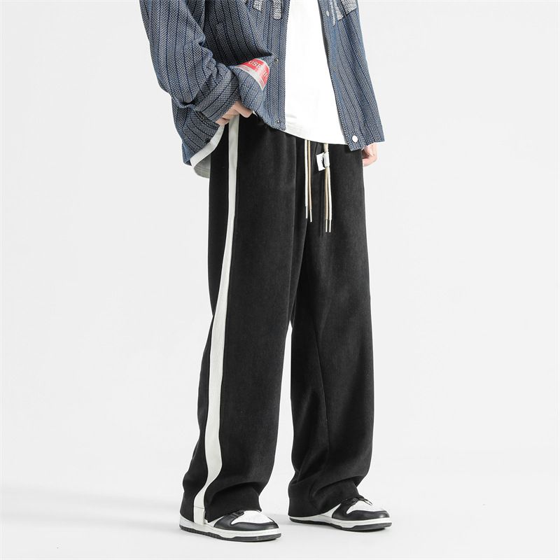 LKTM # Side Striped Corduroy Casual Men's American Loose Trendy Brand Elastic Waist Drawstring Straight Leg Pants 4A9_voghion.com