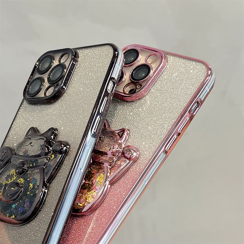 Custodia per telefono Flowing Sand Electroplated Wealth Cat adatta per iPhone 11, 12, 13, 14, 15 Pro Max con pellicola per obiettivo integrata_voghion.com