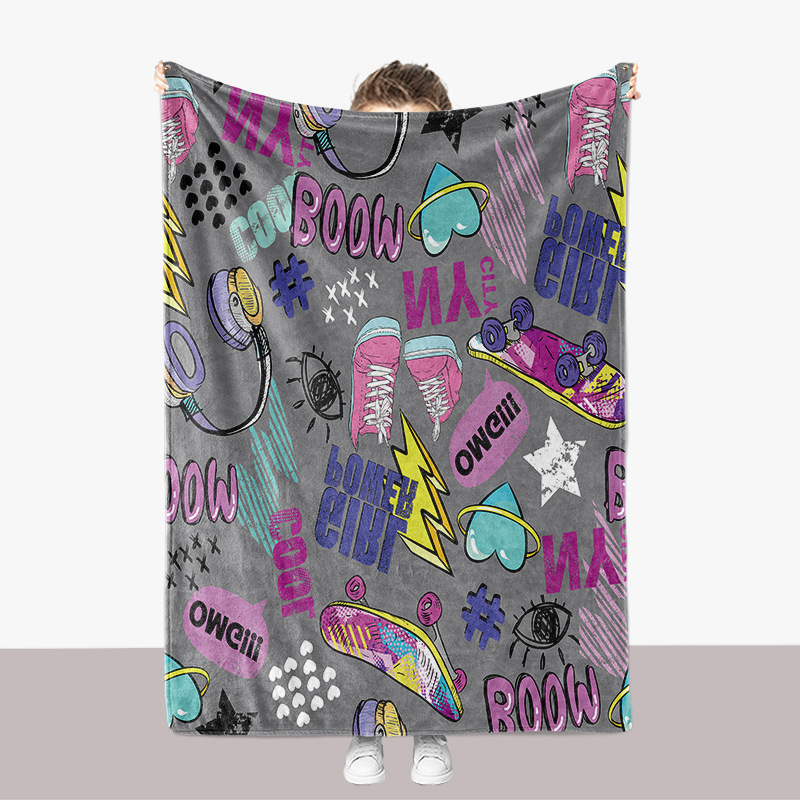 Cartoon-Buchstabe-Graffiti-Serie, Flanell, 3D-gedruckt, verdickte Sofadecke_voghion.com
