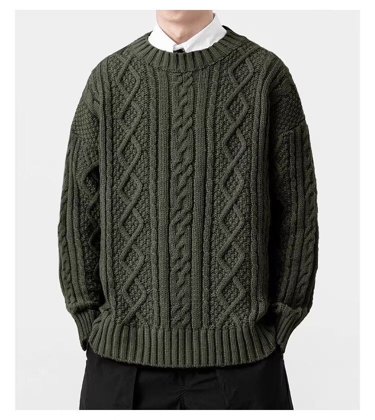 Męski sweter retro z dzianiny kablowej z długim rękawem, swobodny, z okrągłym dekoltem, luźny krój, jednolity kolor, moda zimowa_voghion.com