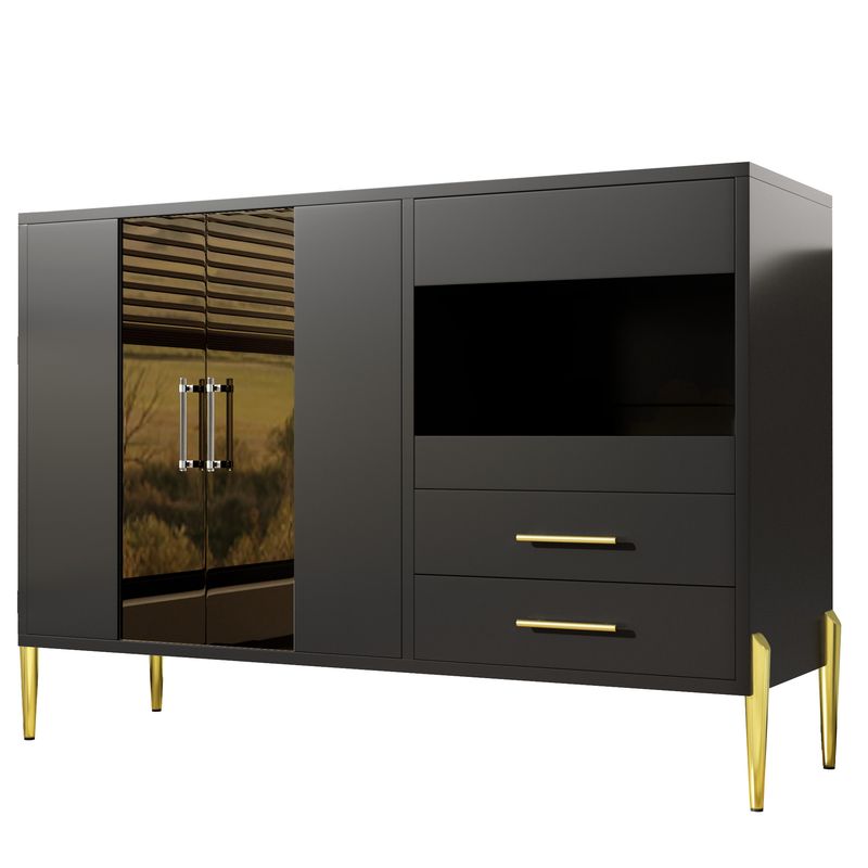 Credenza Schwarz Mit Tealfarbener Glastür, Kristallgriffen, Goldene Beine_voghion.com