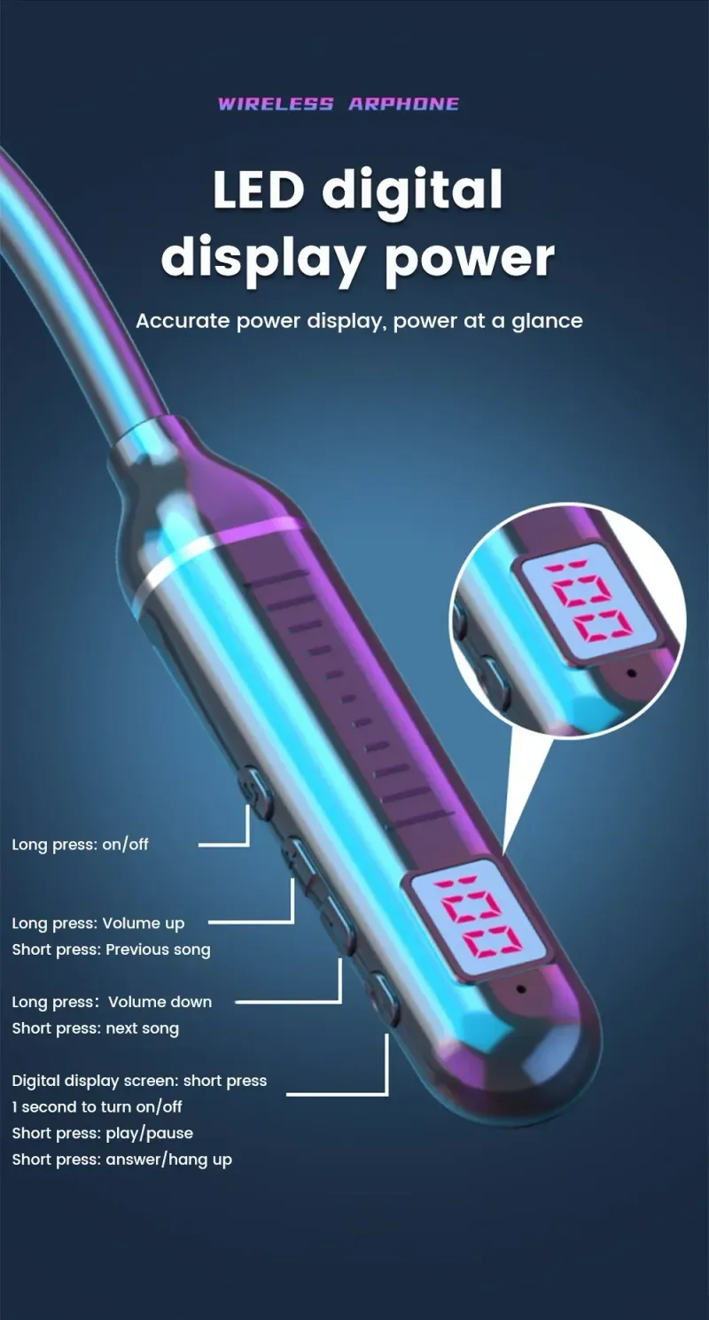 Kabellos Kopfhörer Bluetooth 5.3 Halsband Kopfhörer Gaming LED Display HIFI Headset Sport TWS Kopfhörer Mat Mikro TF Kaart_voghion.com