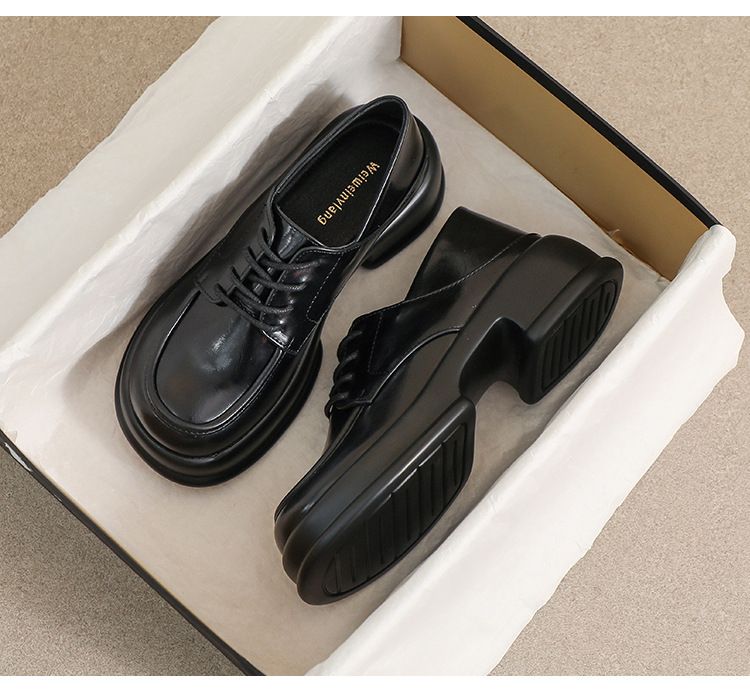 Platform Loafers Women's Lace-up Single Shoes Thick Heel Retro British Style Small Leather Shoes Women_voghion.com