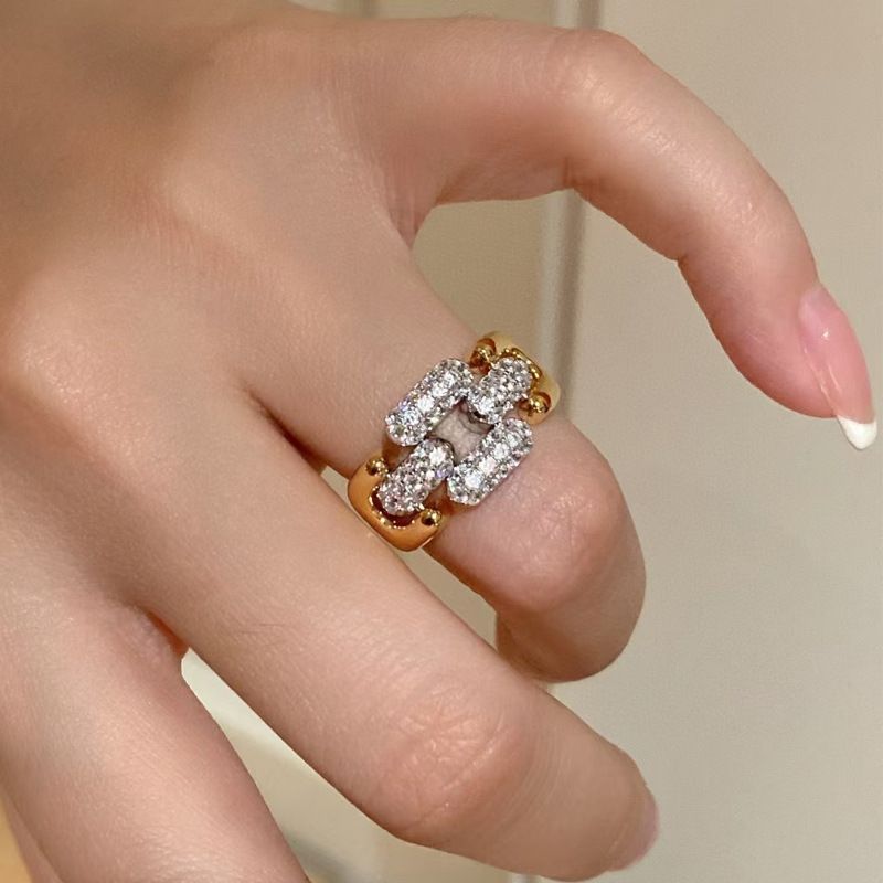 Cuban Row Diamond für Damen S Silber vergoldete Kette Nischendesign Pavé-Zeigefingerring Leichter Luxus_voghion.com