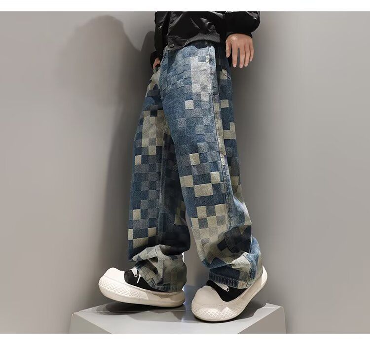 Jeans a gamba dritta retrò a quadri da uomo - Pantaloni casual larghi a vita alta con tasche multiple, denim elasticizzato per il massimo comfort_voghion.com
