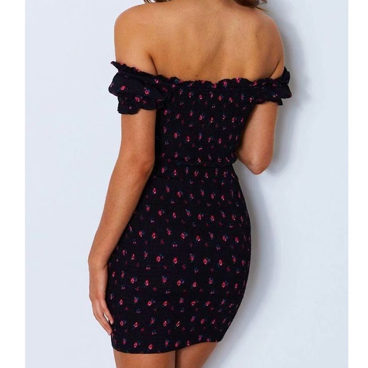 Sexet damekjole med INS-print og slim fit, én halsudskæring, blyantsnøre og lille blomsterprint._voghion.com